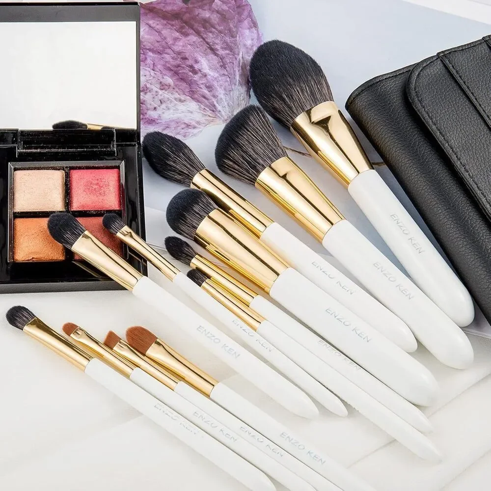 White Professional Natural Bristle Black Hair Makeup Brushes Set With Case